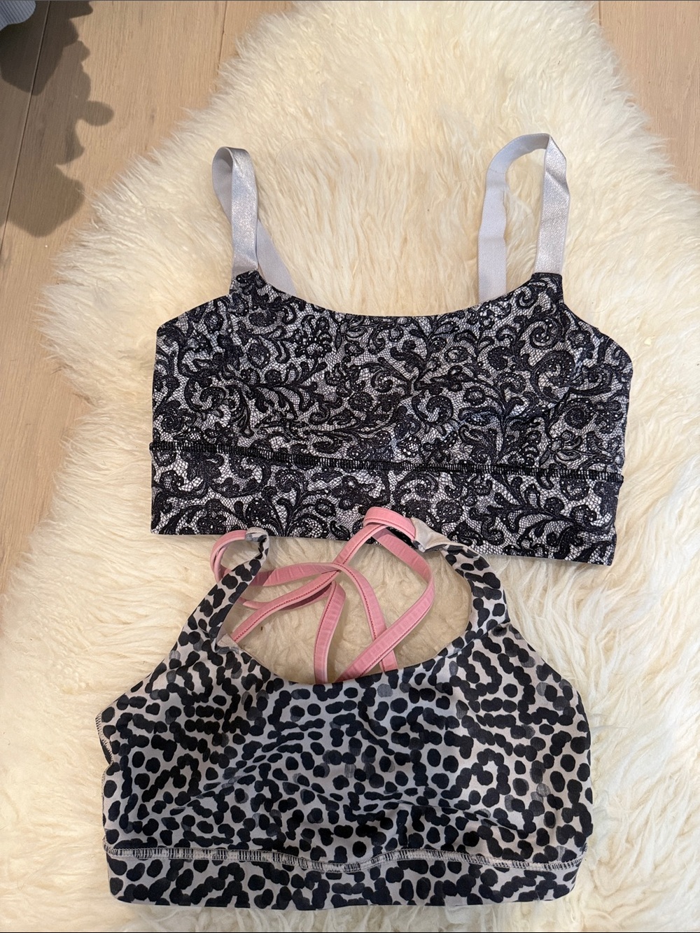 lululemon athletica Black Glitter Lace & Black-White Leopard Sports Bras